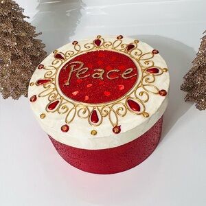 Holiday “PEACE” Red/Gold Embellished Round Gift Box 9”x 5”